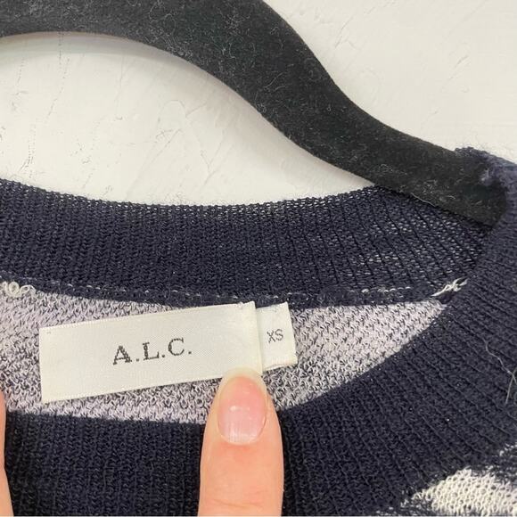 ALC Blue Animal Print Knit Crew Neck Sweater Womens XS Zebra Stripe Sheer Preppy - Picture 8 of 9